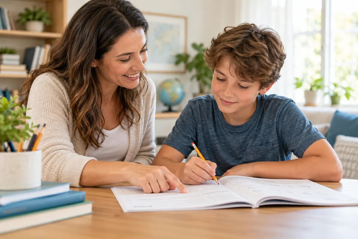 An educator guiding a student through schoolwork