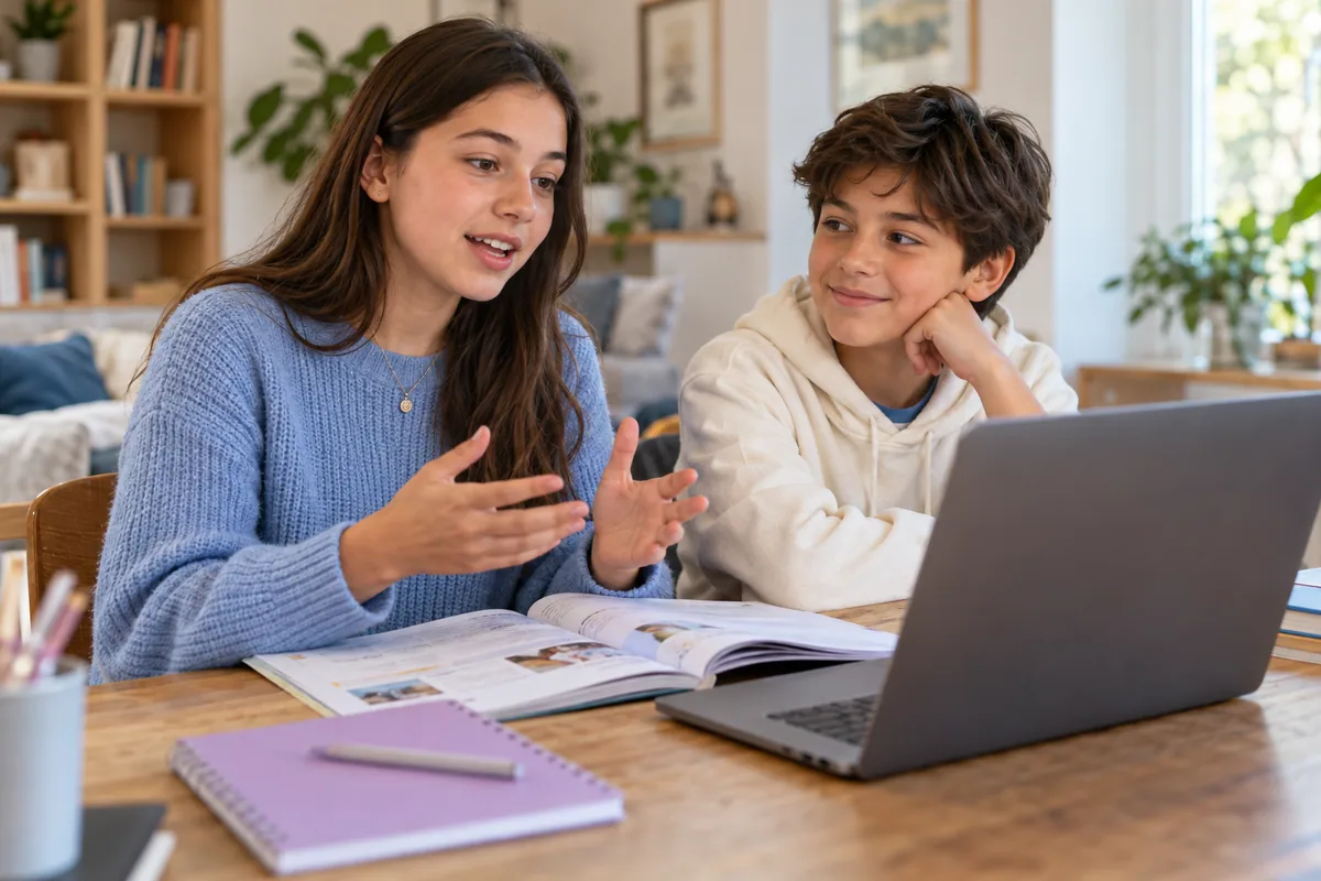 Two students practising communication during online learning