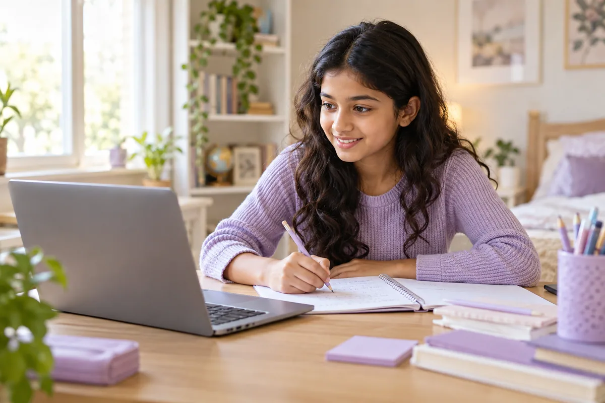 A student learning online with a laptop and notebook